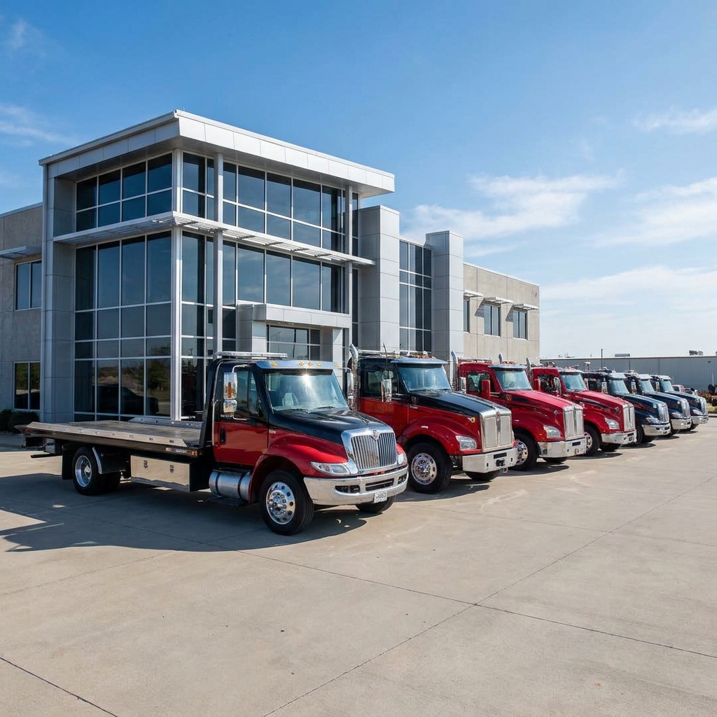 Fleet of rollback flatbed tow trucks